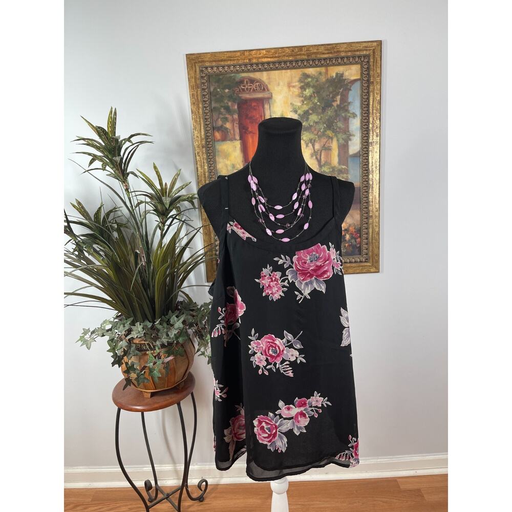Venezia Tank Top Womens 18/20 Black Pink Floral Sleeveless Cottagecore Whimsical